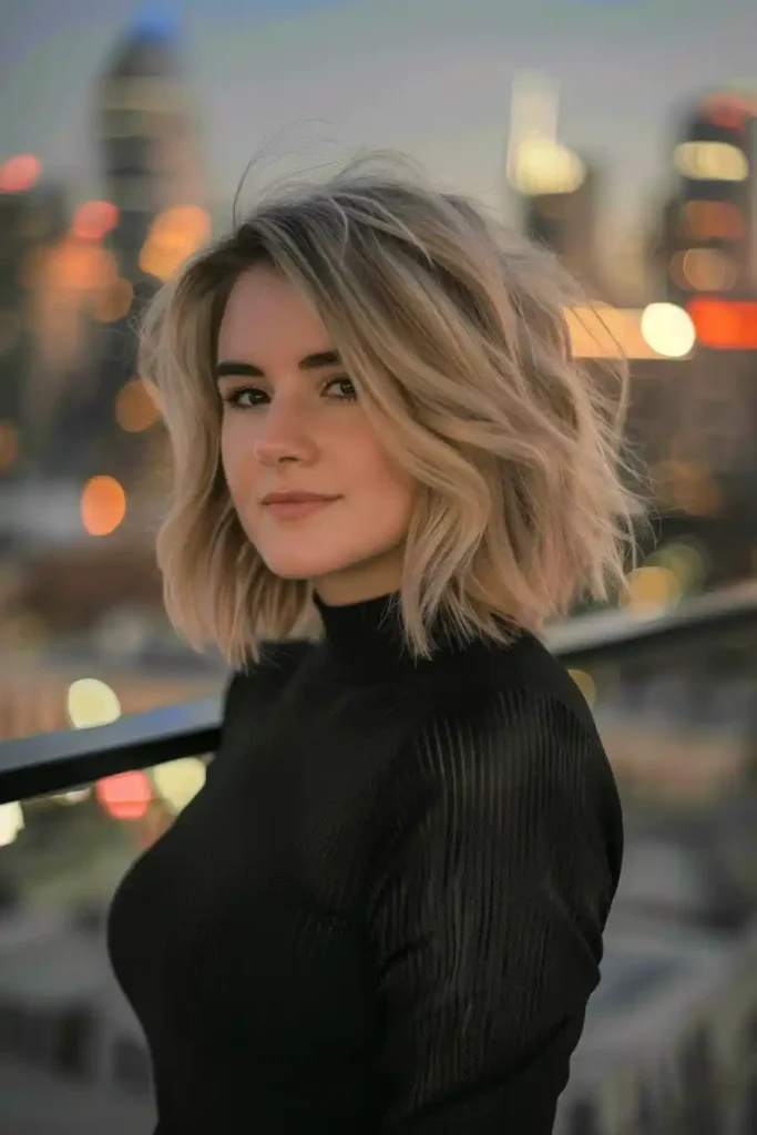 Blunt Cut Bob with Soft Waves. A woman with short, wavy blonde hair and a black top stands in front of an urban, blurred background with city lights.