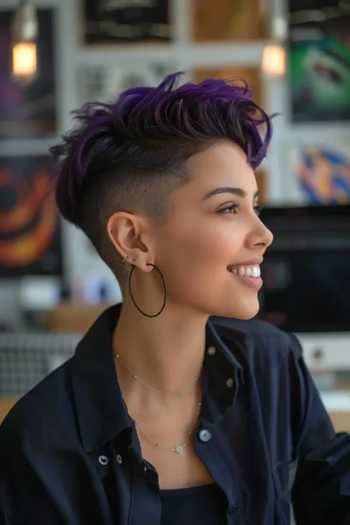 Bold and Modern Undercut. A woman with a short, shaved haircut on the sides and vibrant purple hair on top smiles while looking to the side. They are wearing large hoop earrings and a button-up shirt.