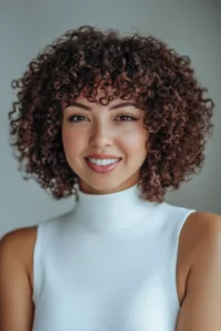 Curls with Cropped Bangs. A woman with a short curly hairstyle smiles at the camera, wearing a white sleeveless turtleneck top.