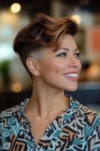 Edgy Two-Tone Cut. A woman with a short, stylish haircut and thin hair smiles while looking to the side. She wears a patterned blouse and hoop earrings. The background is softly blurred.