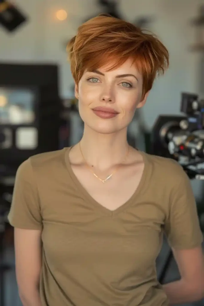 Long Pixie Cut with Stylish Side Bangs. A woman with short auburn hair and a neutral expression stands in front of camera equipment, wearing a light brown v-neck t-shirt.