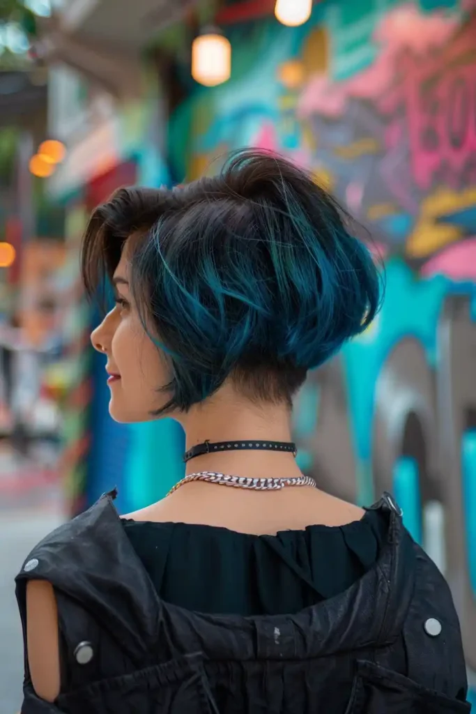 Short Bob with Undercut and Vibrant Color. A woman with short, dark hair highlighted with blue stands with their back to the camera, wearing a black jacket in front of a colorful graffiti wall.