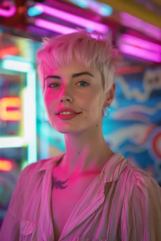 Short Crop with Daring Micro Bangs. A woman with short, platinum blonde hair and hoop earrings stands in front of a colorful neon background, wearing a light-colored button-up shirt.