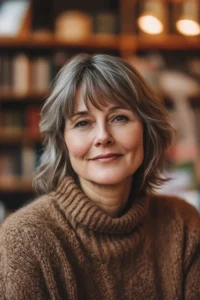 Side-Swept Swoopy Fringe. An over 50 woman with a stylish shoulder-length gray hairstyle and a brown turtleneck sweater smiles softly, with a blurred background of bookshelves.