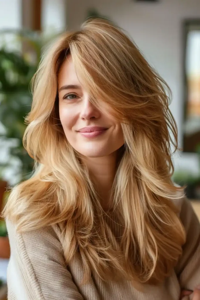 Soft and Flowing Curtain Bangs. A woman with long, wavy, blonde hair smiles gently. She is wearing a beige sweater, and a green plant is visible in the background.