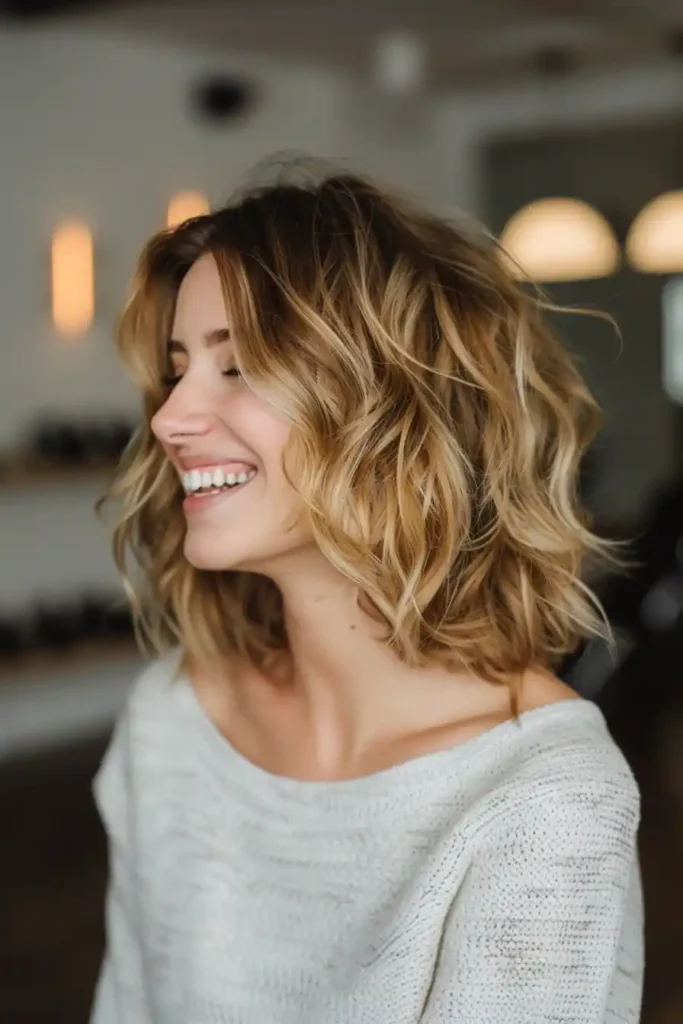 Trendy Butterfly Cut. A woman with wavy, shoulder-length blonde hair smiles while looking to the side. She is wearing a light-colored knitted sweater. The background is softly blurred.