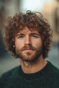 Portrait of a man with curly hair and a beard, wearing a dark green sweater, against a blurred outdoor background.