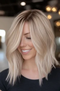 Razored Blonde Balayage Lob. A person with shoulder-length, light blonde hair in a long bob hairstyle smiles slightly while looking down, wearing a dark top in an indoor setting.