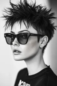 Spiky Pixie. A woman with a short, spiky pixie hairstyle wearing dark sunglasses and a black shirt looks off to the side in this black-and-white portrait.