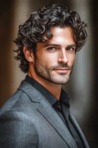 Timeless Classic Curls. A man with a curly hairstyle and a beard is wearing a grey blazer and black shirt. He is looking directly at the camera with a serious expression. The background is blurred.